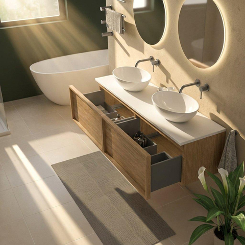 Saniclass Holz Frame Ensemble meuble de salle de bains - 160x45x42.5cm - plan de travail Torino en solid surface blanc - sans trou de robinet - 2 tiroirs - chêne natural mat (bois) SW1479086