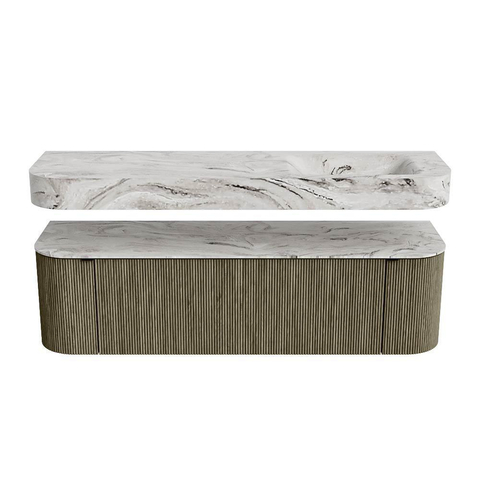 MONDIAZ THOR-DLUX Meuble de salle de bains 160cm arrondi gauche + droite couleur Shadow avec 1 tiroir et 2 portes. Vasque suspendue CLOUD Droite 1 trou de robinet couleur Glace. SW1467681