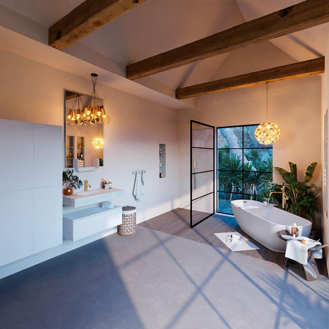 MONDIAZ ALAN - DLUX Ensemble de meubles de salle de bains - 90cm - meuble bas - Talc - 1 tiroir - lavabo suspendu - cuve au milieu - 1 trou de robinet - Opalo SW806101
