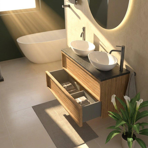 Saniclass Holz Frame Ensemble de meubles de salle de bains - 120x45x63cm - Plan vasque en basalte Noche poli (noir) - 2 trous de robinet - 2 tiroirs - chêne natural mat (bois) SW1579913