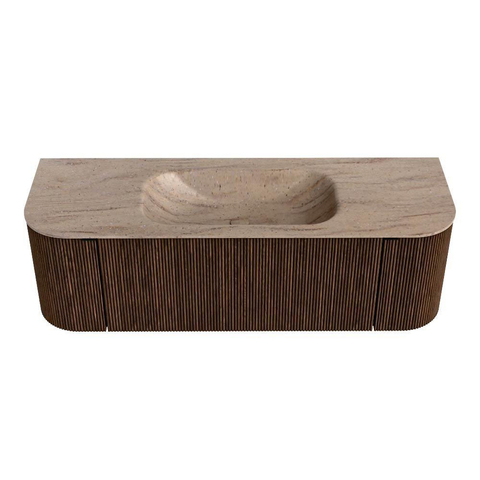MONDIAZ KURVE-DLUX Meuble de salle de bains 140cm courbure Gauche + Droite couleur Walnut avec 1 tiroir et 2 portes. Lavabo BIG SMALL Central 1 trou de robinet Saba. SW1433170