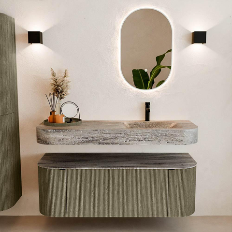 MONDIAZ THOR-DLUX 130cm meuble de salle de bains arrondi gauche + droite couleur Shadow avec 1 tiroir et 2 portes. Vasque suspendue CLOUD Droite 1 trou de robinet couleur Oza. SW1463991