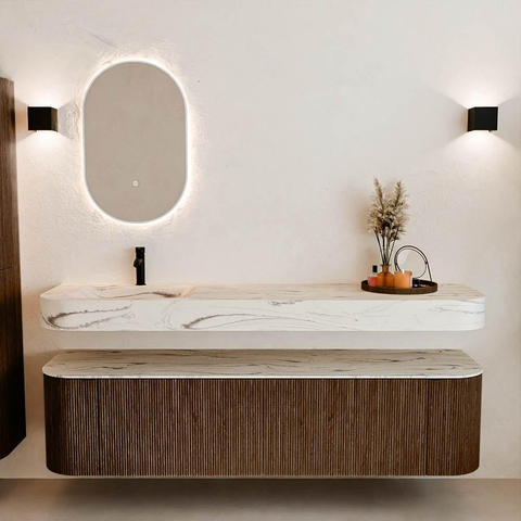 MONDIAZ THOR-DLUX 180cm meuble de salle de bains arrondi gauche + droite couleur Walnut avec 2 tiroirs et 2 portes. Vasque suspendue CLOUD Gauche 1 trou de robinet couleur Nata. SW1466194