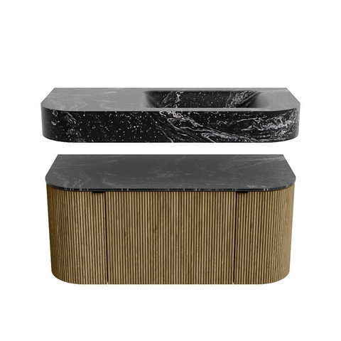 MONDIAZ THOR-DLUX 100cm meuble de salle de bains arrondi gauche + droite couleur Dusk avec 1 tiroir et 2 portes. Vasque suspendue CLOUD Droite sans trou de robinet couleur Lava. SW1467344
