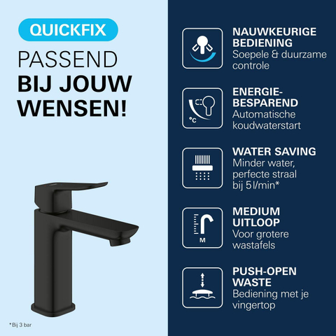 Grohe Dice Wastafelmengkraan - m-size - opbouw - koude start - klikwaste - matte black (mat zwart) SW1440585