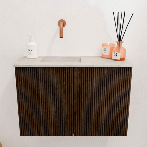 Mondiaz JOYA-DLUX Meuble de salle de bains 60cm - couleur Walnut - Vasque FAYE position Gauche Sans trou de robinet couleur Ostra SW1422575