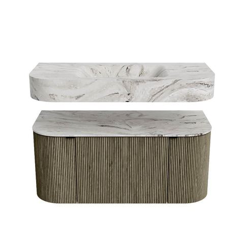 MONDIAZ THOR-DLUX 100cm meuble de salle de bains arrondi gauche + droite couleur Shadow avec 1 tiroir et 2 portes. Vasque suspendue CLOUD Milieu sans trou de robinet couleur Glace. SW1467439