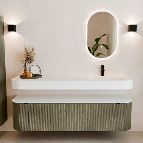 MONDIAZ THOR 170cm meuble de salle de bains arrondi gauche + droite couleur Shadow avec 1 tiroir et 2 portes. Vasque suspendue CLOUD Droite 1 trou de robinet couleur Talc. SW1465507