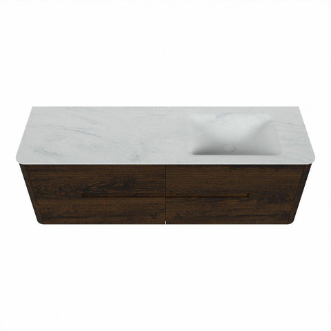 Mondiaz CIRO-DLUX Ensemble de meubles de salle de bains - 150x45x50cm - lavabo solid surface Opalo - 1 vasque à droite - sans trous de robinetterie - 4 tiroirs - Noyer SW1530317