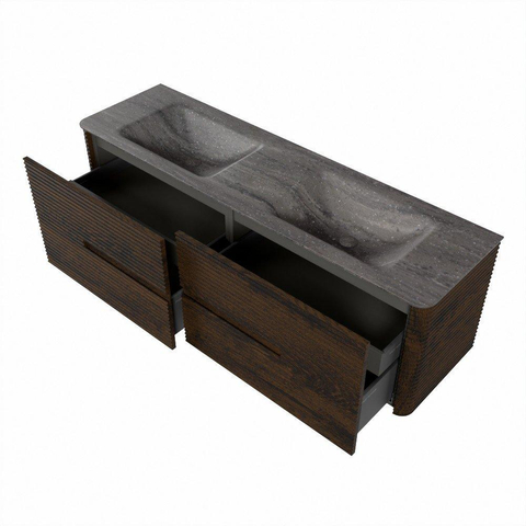 Mondiaz CIRO-DLUX Badkamermeubelset - 160x45x50cm - Solid surface wastafel Oza - 2 wasbak Dubbel - 2 kraangaten - 4 lades - Walnut SW1530627