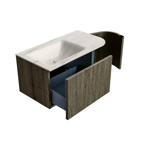 MONDIAZ KURVE-DLUX Meuble de salle de bains 85 cm arrondi à droite couleur Shadow avec 1 tiroir et 1 porte. Lavabo CLOUD à gauche 1 trou de robinet Meli. SW1431757