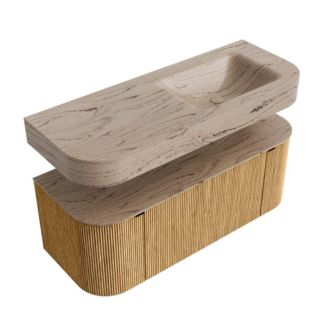 MONDIAZ THOR-DLUX 120cm badmeubel ronding links + rechts kleur Oak met 1 lade en 2 deuren. Vrijhangende wastafel CLOUD Rechts 1 kraangat kleur Arena. SW1463448