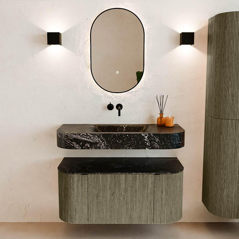MONDIAZ THOR-DLUX 100cm meuble de salle de bains arrondi gauche + droite couleur Shadow avec 1 tiroir et 2 portes. Vasque suspendue CLOUD Milieu sans trou de robinet couleur Lava. SW1467511