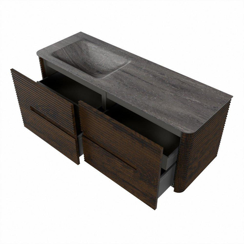 Mondiaz CIRO-DLUX Ensemble de meubles de salle de bains - 130x45x50cm - vasque Solid surface Oza - 1 lavabo à gauche - sans trous de robinet - 4 tiroirs - Noyer SW1530667