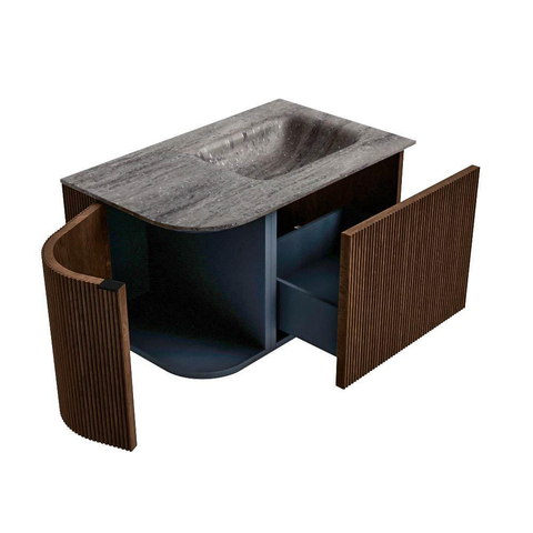 MONDIAZ KURVE-DLUX Meuble de salle de bains 75cm avec arrondi à gauche couleur Walnut avec 1 tiroir et 1 porte. Lavabo GRUNNE à droite 1 trou de robinet Oza. SW1432696