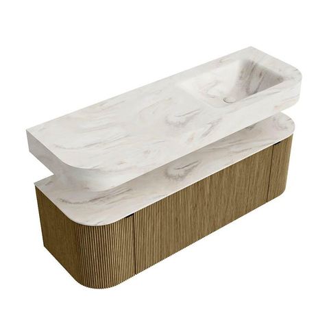 MONDIAZ THOR-DLUX 140cm meuble de salle de bains arrondi gauche + droite couleur Dusk avec 1 tiroir et 2 portes. Vasque suspendue CLOUD Droite 1 trou de robinet couleur Ostra. SW1464215