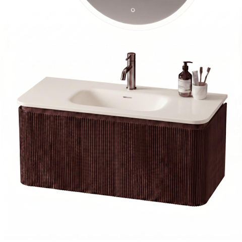 Royal Plaza Terra Edge Ensemble meuble de salle de bains - 100x44.7x46cm - vasque en solid surface blanc mat - 1 vasque - 1 trou de robinet - 2 tiroirs - châtaignier (noyer) SW1471913