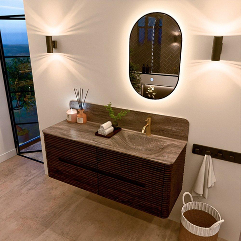 Mondiaz CIRO-DLUX Ensemble de meubles de salle de bains - 130x45x50cm - Plan vasque solid surface Oza - 1 vasque à droite - 1 trou de robinet - 4 tiroirs - Noyer SW1530648