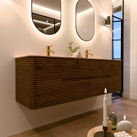 Mondiaz CIRO-DLUX Badkamermeubelset - 160x45x50cm - Solid surface wastafel Saba - 2 wasbak Dubbel - 2 kraangaten - 4 lades - Dusk SW1533099