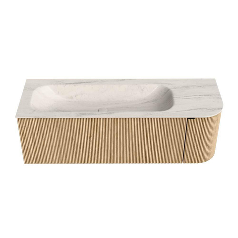 MONDIAZ KURVE-DLUX 135cm badmeubel ronding Rechts kleur Oak met 1 lade en 1 deur. Wastafel BIG MEDIUM Links 1 kraangat Meli. SW1431606
