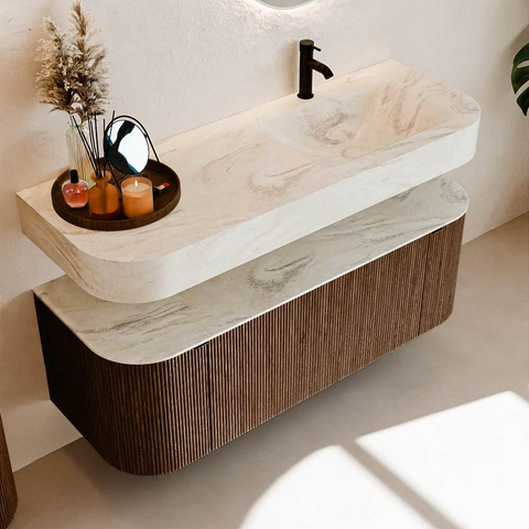 MONDIAZ THOR-DLUX 130cm badmeubel ronding links + rechts kleur Walnut met 1 lade en 2 deuren. Vrijhangende wastafel CLOUD Rechts 1 kraangat kleur Ostra. SW1463603