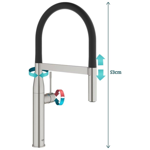 Grohe Essence New Keukenkraan - hoog - uittrekbare uitloop - 2 straalsoorten - met profesionele handdouche - Brushed Supersteel (RVS) SW86842