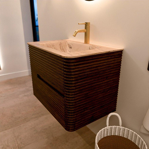 Mondiaz CIRO-DLUX Badkamermeubelset - 70x45x50cm - Solid surface wastafel Arena - 1 wasbak Midden - 1 kraangat - 2 lades - Walnut SW1530390
