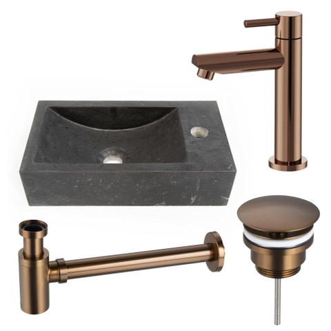 Saniclass Fuente fonteinset – rechthoekig – 40x22x10 cm – natuursteen zwart – koperen kraan SW1111506
