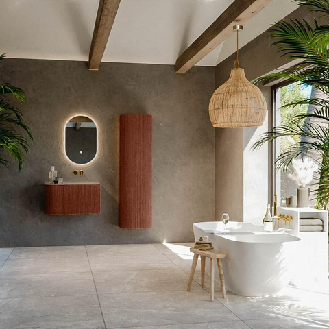 MONDIAZ KURVE-DLUX Meuble de salle de bains 75cm arrondi à gauche couleur Ruby avec 1 tiroir et 1 porte. Lavabo GRUNNE à droite sans trou de robinet Arena. SW1431466