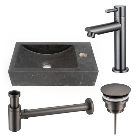 Saniclass Fuente pack lave-mains – rectangulaire – 40 x 22 x 10 cm – pierre naturelle noire – robinet gunmetal SW1111505