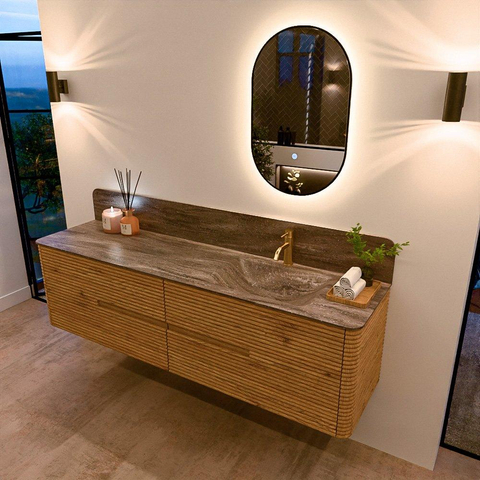 Mondiaz CIRO-DLUX Badkamermeubelset - 180x45x50cm - Solid surface wastafel Oza - 1 wasbak Rechts - 1 kraangat - 4 lades - Oak SW1531163