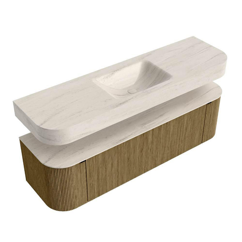 MONDIAZ THOR-DLUX 160cm meuble de salle de bains arrondi gauche + droite couleur Dusk avec 1 tiroir et 2 portes. Vasque suspendue CLOUD Centre sans trou de robinet couleur Meli. SW1465170