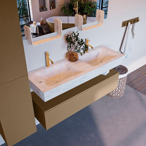 Mondiaz ALAN-DLUX Ensemble de meuble - 130cm - meuble Oro mat - 1 tiroir - Lavabo Cloud Opalo suspendu - vasque Gauche et droite - 2 trous de robinet SW807086