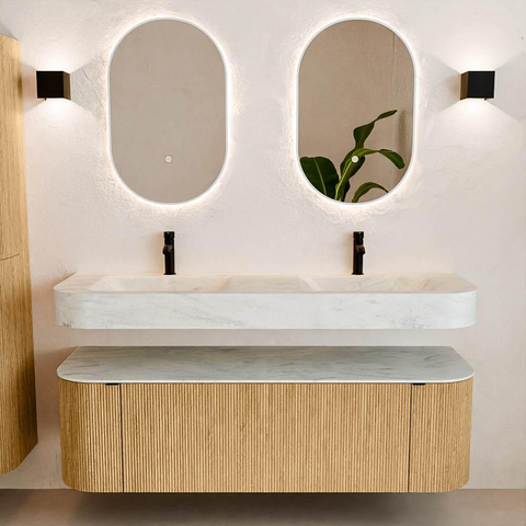 MONDIAZ THOR-DLUX 150cm badmeubel ronding links + rechts kleur Oak met 1 lade en 2 deuren. Vrijhangende wastafel CLOUD Dubbel 2 kraangaten kleur Opalo. SW1464636