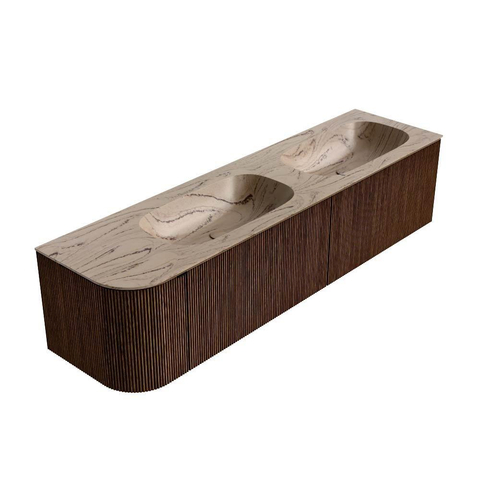 MONDIAZ KURVE-DLUX 175cm meuble de salle de bains avec arrondi à gauche couleur Walnut avec 2 tiroirs et 1 porte. Lavabo STOR SMALL Double / Droite sans trou de robinet Arena. SW1431249