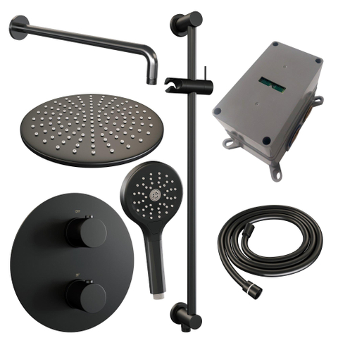 BRAUER Black Edition douche de pluie encastrée thermostatique - 3 voies - rond - set 94 - pommeau de douche 30cm - bras mural courbé - douchette 3 jets - flexible de douche - barre de douche intégrée - noir mat SW1159203