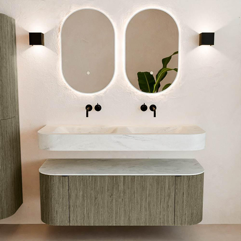 MONDIAZ THOR-DLUX 130cm meuble de salle de bains arrondi gauche + droite couleur Shadow avec 1 tiroir et 2 portes. Vasque suspendue CLOUD Double sans trou de robinet couleur Opalo. SW1463773