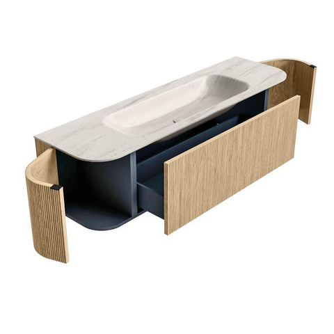 MONDIAZ KURVE-DLUX Meuble de salle de bains 160cm arrondi Gauche + Droite couleur chêne avec 1 tiroir et 2 portes. Lavabo BIG MEDIUM Central sans trou de robinet Meli. SW1431621