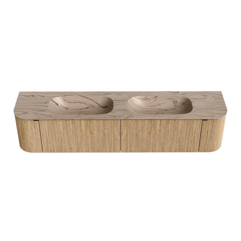 MONDIAZ KURVE-DLUX Meuble de salle de bains 200cm arrondi Gauche + Droite couleur Chêne avec 2 tiroirs et 2 portes. Lavabo STOR SMALL Double sans trou de robinet Arena. SW1431170