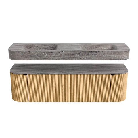 MONDIAZ THOR-DLUX 160cm meuble de salle de bains arrondi gauche + droite couleur Oak avec 1 tiroir et 2 portes. Vasque suspendue CLOUD Double 2 trous de robinet couleur Oza. SW1465282