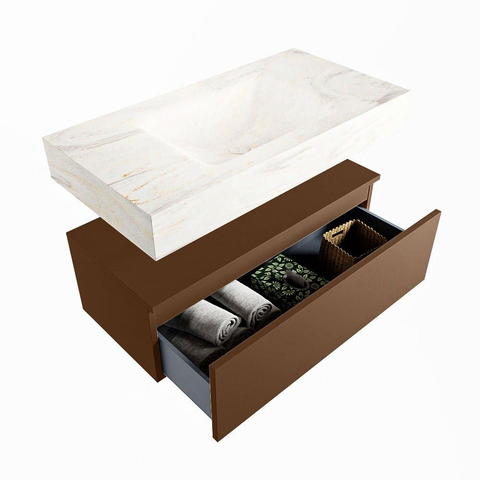 Mondiaz ALAN-DLUX Ensemble de meuble - 90cm - meuble Rust mat - 1 tiroir - Lavabo Cloud Ostra suspendu - vasque Centre - 0 trous de robinet SW807636