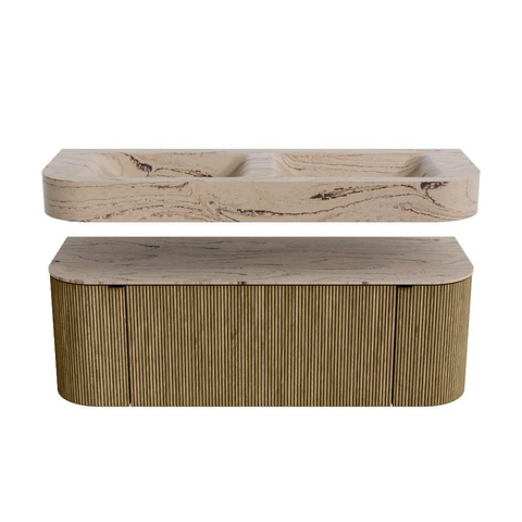 MONDIAZ THOR-DLUX 130cm meuble de salle de bains arrondi gauche + droite couleur Dusk avec 1 tiroir et 2 portes. Vasque suspendue CLOUD Double sans trou de robinet couleur Arena. SW1463776
