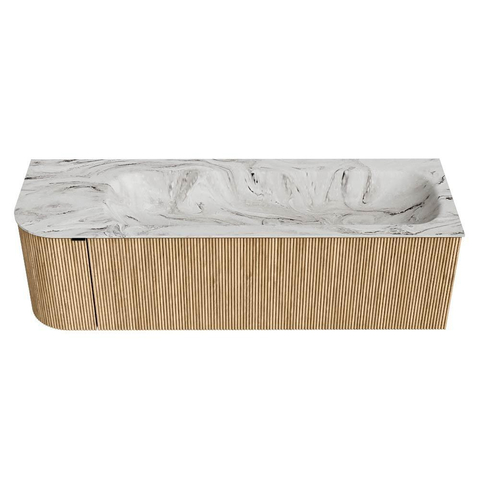 MONDIAZ KURVE-DLUX Meuble de salle de bains 145 cm avec module 25 L couleur Oak avec 1 tiroir et 1 porte. Lavabo BIG LARGE à droite sans trou de robinet couleur Glace. SW1137947