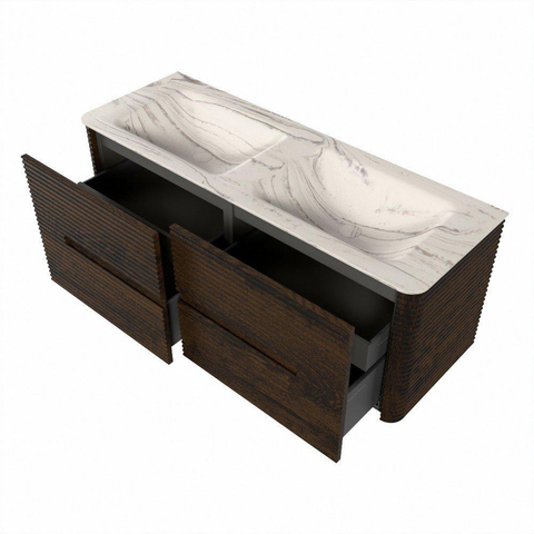 Mondiaz CIRO-DLUX Badkamermeubelset - 130x45x50cm - Solid surface wastafel Nata - 2 wasbak Dubbel - zonder kraangaten - 4 lades - Walnut SW1530575