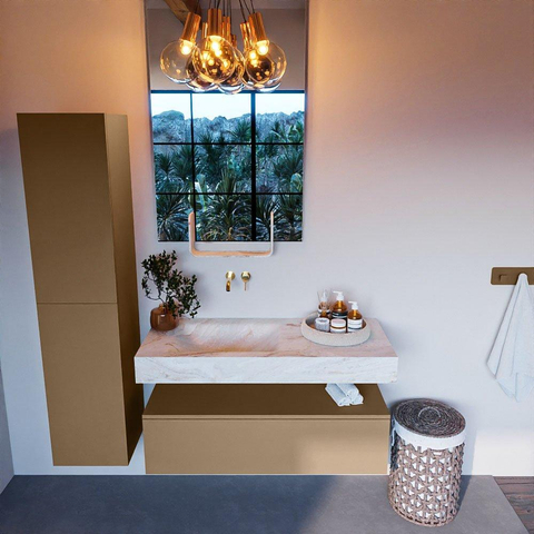 Mondiaz ALAN-DLUX Ensemble de meuble - 110cm - meuble Oro mat - 1 tiroir - Lavabo Cloud Frappe suspendu - vasque Gauche - 0 trous de robinet SW805299