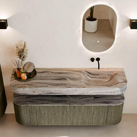 MONDIAZ THOR-DLUX 160cm meuble de salle de bains arrondi gauche + droite couleur Shadow avec 1 tiroir et 2 portes. Vasque suspendue CLOUD Droite sans trou de robinet couleur Sombra. SW1465397