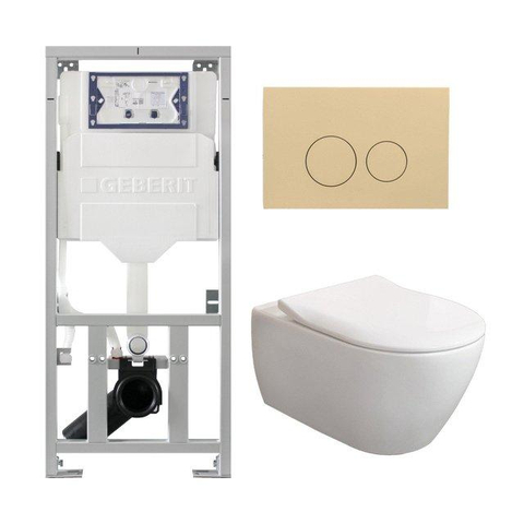 Villeroy & Boch Subway 2.0 DirectFlush CeramicPlus Pack WC slimseat Abattant WC avec réservoir Geberit et plaque de déclenchement beige avec boutons ronds blanc SW1164806