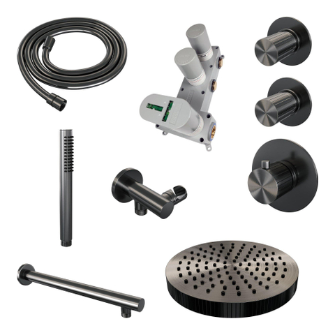BRAUER Stripe Thermostatische Inbouw Regendouche - SET 01 - 25cm douchekop - rechte muurarm - staaf handdouche - doucheslang - wandaansluitbocht - gunmetal geborsteld PVD SW1434991