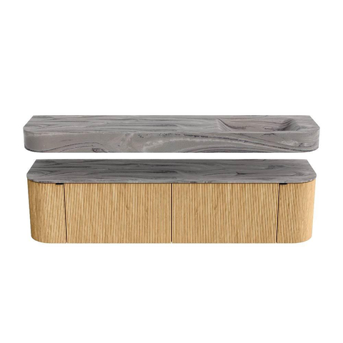 MONDIAZ THOR-DLUX 180cm meuble de salle de bains arrondi gauche + droite couleur Oak avec 2 tiroirs et 2 portes. Vasque suspendue CLOUD Droite sans trou de robinet couleur Sombra. SW1466247