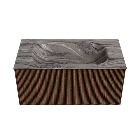 MONDIAZ KURVE-DLUX Meuble de salle de bains 90cm couleur Walnut avec 1 tiroir et 0 porte. Lavabo BIG SMALL Central sans trou de robinet Sombra. SW1433652